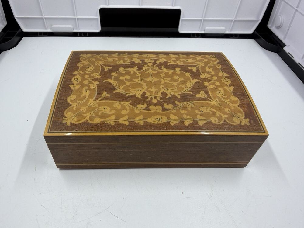 Vintage Italian Inlaid Wood Jewelry Box Hinges Sorrento Marquetry Floral Trinket